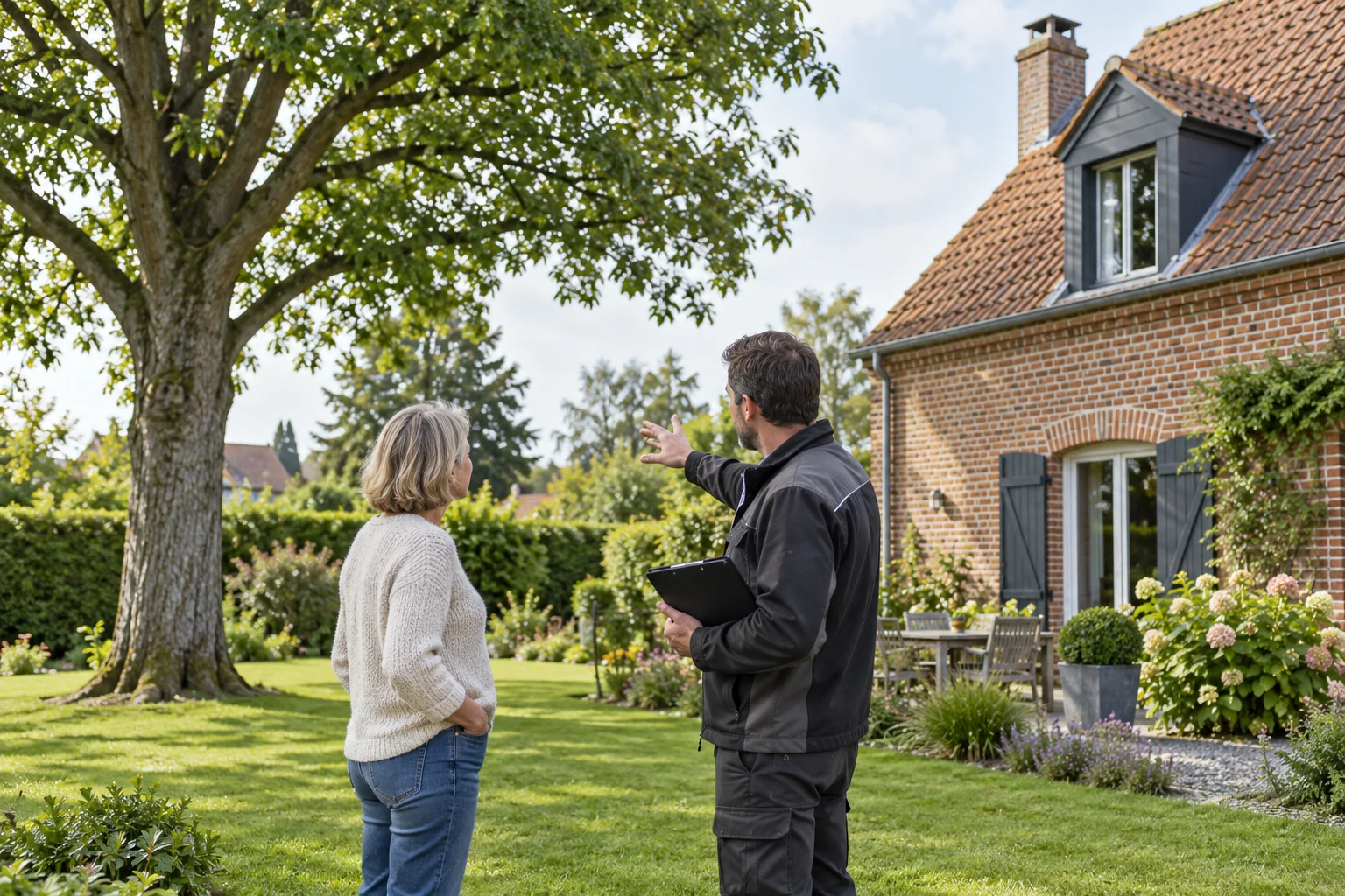 Un propriétaire échange avec un expert au sujet d’un grand arbre proche de sa maison